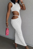 White Sexy Solid Hollowed Out Patchwork O Neck Pencil Skirt Dresses
