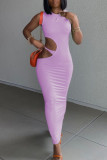 Purple Sexy Solid Hollowed Out Patchwork O Neck Pencil Skirt Dresses