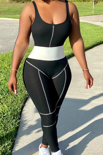 Black Sportswear Solid Patchwork U Neck Skinny Jumpsuits