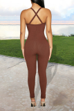 Brown Casual Solid Patchwork Halter Skinny Jumpsuits