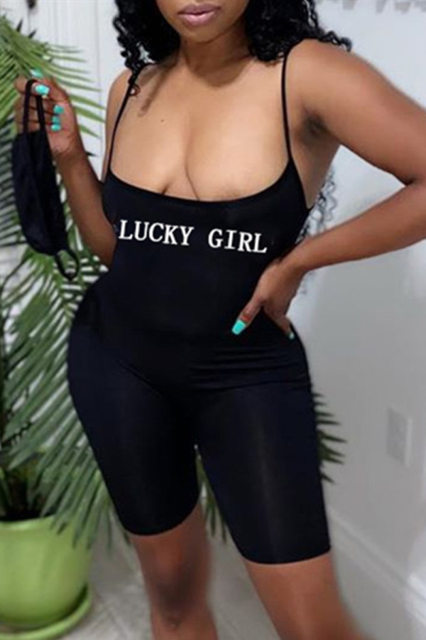 Macacão skinny preto fashion sexy com estampa de letras sem costas