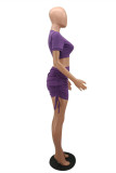 Фиолетовый Модный повседневный принт Базовый V-образный вырез с коротким рукавом Из двух частей