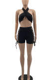 Black Sexy Solid Bandage Hollowed Out Patchwork Halter Sleeveless Two Pieces