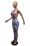 Roze mode sexy print backless halter skinny jumpsuits