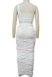 White Sexy Solid Hollowed Out Patchwork Fold One Shoulder Sleeveless Two Pieces