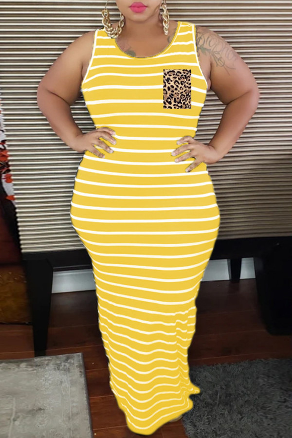 Желтое повседневное полосатое платье большого размера с принтом, базовое платье-майка с круглым вырезом