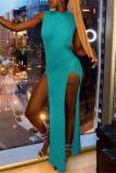 Светло-голубое модное сексуальное однотонное платье без рукавов с разрезом на половину водолазки