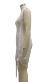 Белые сексуальные лоскутные сетчатые платья с круглым вырезом и юбкой-карандашом
