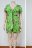 Green Sexy Print Patchwork V Neck Plus Size Jumpsuits