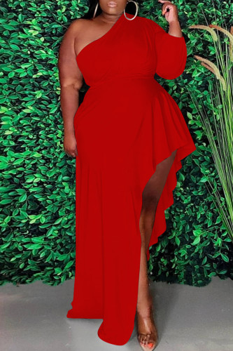 Красные модные повседневные платья больших размеров с асимметричным косым воротником и длинными рукавами
