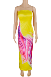Yellow Sexy Print Patchwork Strapless Pencil Skirt Dresses