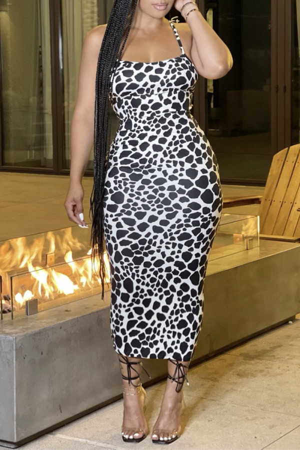 Vestido preto branco moda sexy estampa leopardo sem costas alça de espaguete sem manga