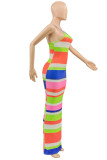 Green Fashion Sexy Striped Print Slit O Neck Sleeveless Dress