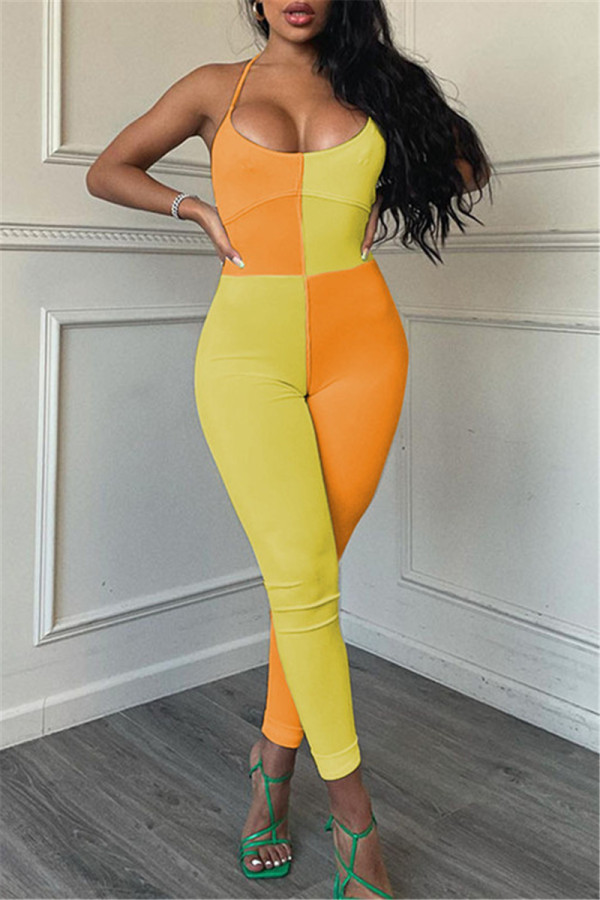 Yellow Sexy Casual Patchwork Backless Halter Skinny Jumpsuits