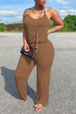 Apricot Casual Solid Basic Spaghetti Strap Regular Jumpsuits