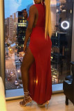 Red Fashion Sexy Solid Slit Half A Rollkragen ärmelloses Kleid