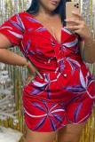 Red Sexy Print Patchwork V Neck Plus Size Jumpsuits
