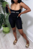 Macacão skinny preto fashion sexy com estampa de letras sem costas