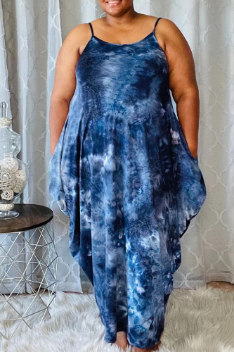 Robe irrégulière à bretelles spaghetti imprimé sexy bleu profond, robes de grande taille