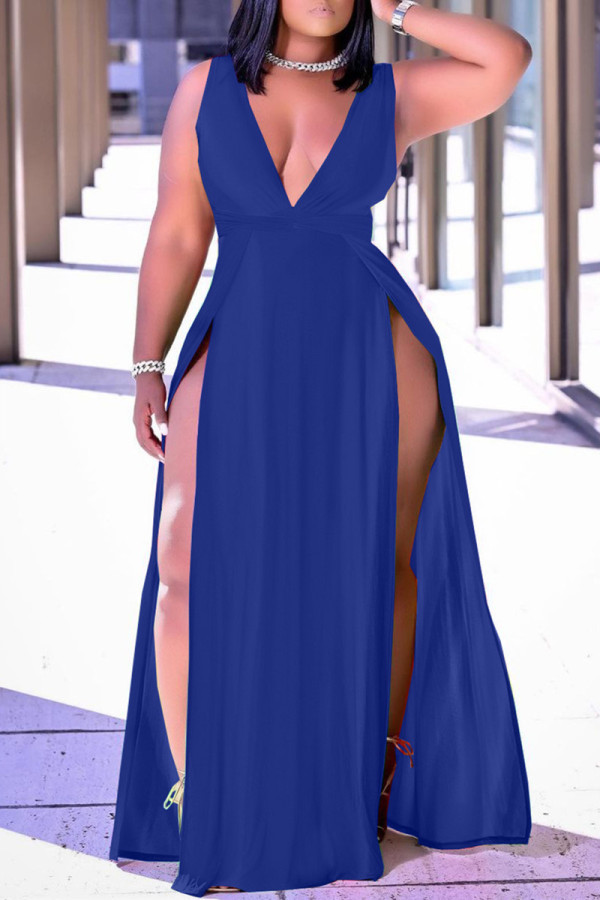 Blue Fashion Sexy Solid Leopard Slit V-Ausschnitt Weste Kleid