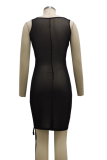 Black Sexy Patchwork Mesh O Neck Pencil Skirt Dresses