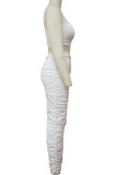 White Sexy Solid Hollowed Out Patchwork Fold One Shoulder Sleeveless Two Pieces