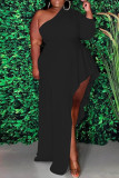 レッド ファッション カジュアル プラス サイズ ソリッド 非対称 オブリーク カラー ロング スリーブ ドレス