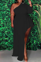 ブラック ファッション カジュアル プラス サイズ ソリッド 非対称 オブリーク カラー ロング スリーブ ドレス