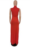 Red Fashion Sexy Solid Slit Half A Turtleneck Sleeveless Dress