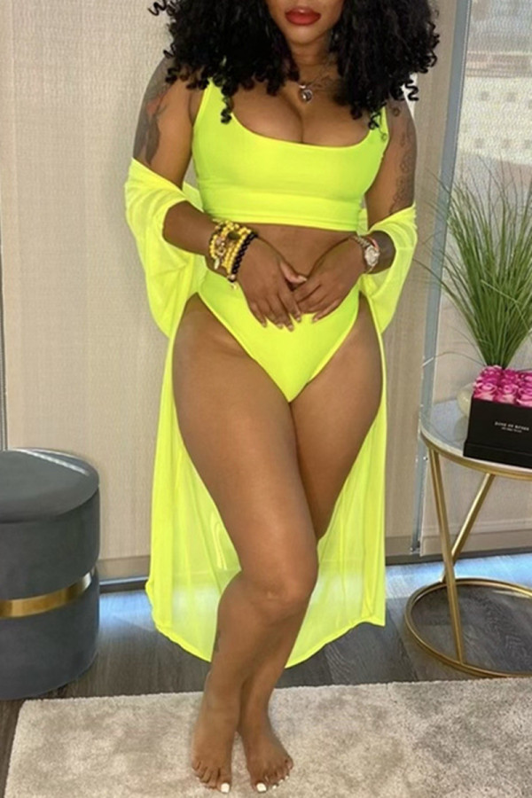 Fluorescerande gult mode sexigt solid basbadkläder i tre delar