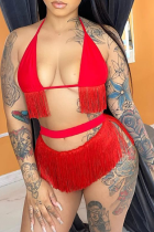 Costumi da bagno con nappa solida sexy rossa scavata