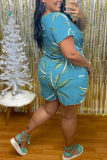 Baby Blue Sexy Print Patchwork V Neck Plus Size Jumpsuits