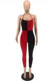 Red Sexy Casual Patchwork Backless Halter Skinny Jumpsuits