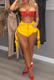 Yellow Sexy Solid Patchwork Low Waist Hot Pants Fringed Tassel Denim Shorts