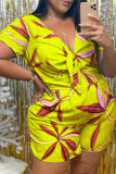 Yellow Sexy Print Patchwork V Neck Plus Size Jumpsuits