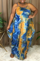Blaues sexy Print-Patchwork-Spaghetti-Träger-unregelmäßiges Kleid Plus-Size-Kleider