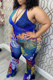 Blauwe sexy print patchwork backless V-hals plus size jumpsuits
