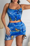 Синий модный сексуальный принт с открытой спиной Спагетти ремень без рукавов из двух частей