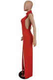 Red Fashion Sexy Solid Slit Half A Turtleneck Sleeveless Dress