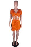 オレンジ色のセクシーなカジュアルソリッドくり抜かれた小帯Vネック半袖ドレス