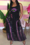 Черно-фиолетовое сексуальное повседневное платье без рукавов с принтом губ на бретелях без спинки