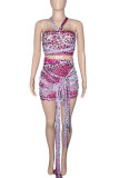 Pink Sexy Print Bandage Patchwork Halter Sleeveless Two Pieces