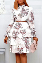 ホワイトエレガントなプリントパッチワーク小帯ベルト付きハーフタートルネックケーキスカートドレス