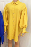 Moda amarela elegante sólido patchwork dobra blusas com gola aberta