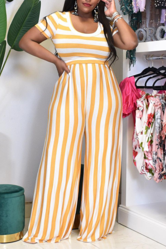 Yellow Sexy Striped Patchwork Square Collar Plus Size Two Pieces