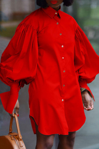 Red Fashion Elegant Solid Patchwork Fold Turndown Collar Tops