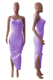 Фиолетовые сексуальные однотонные платья с воланами на тонких бретельках