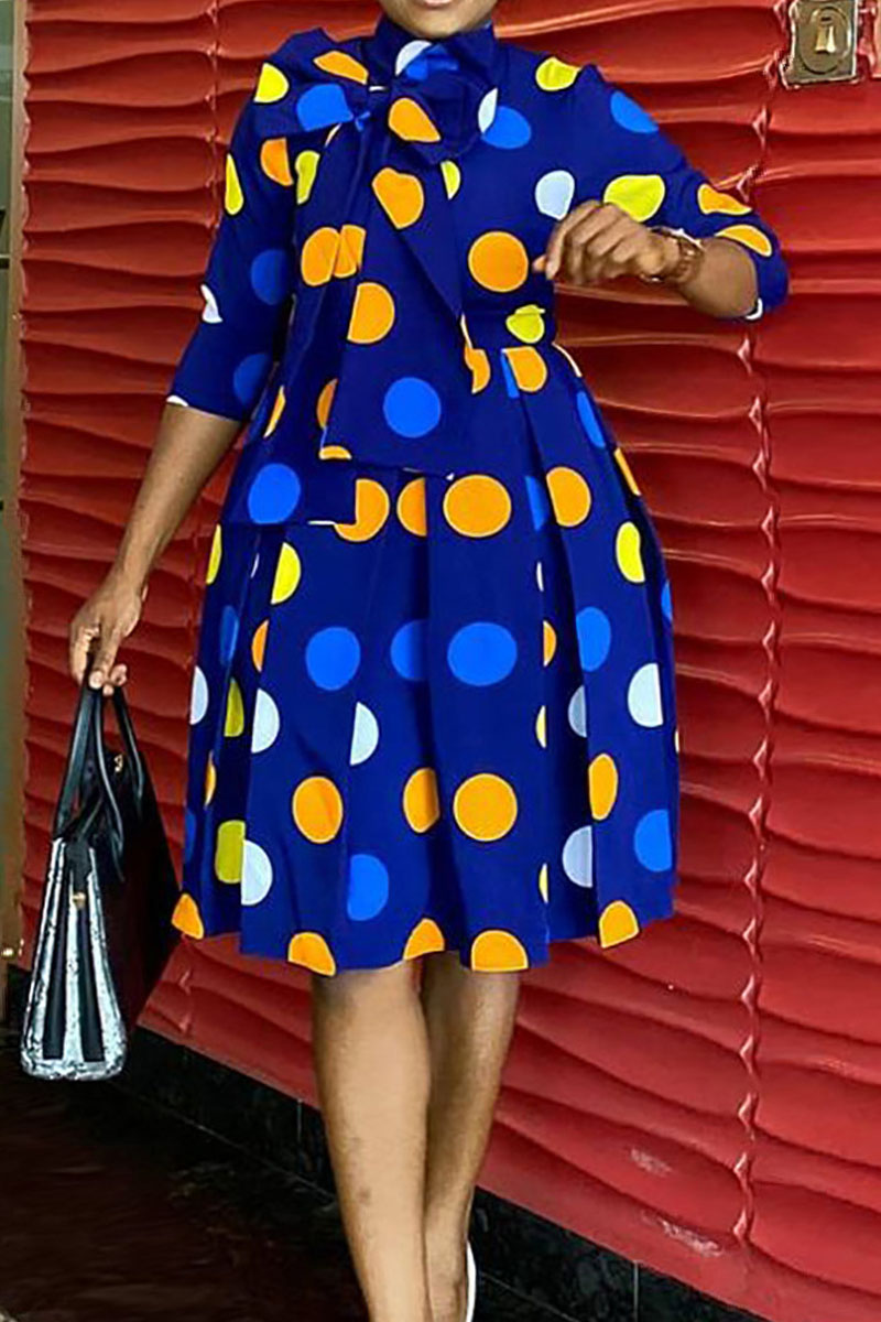 

Blue Celebrities Dot Print Split Joint With Bow Half A Turtleneck Pleated Dresses