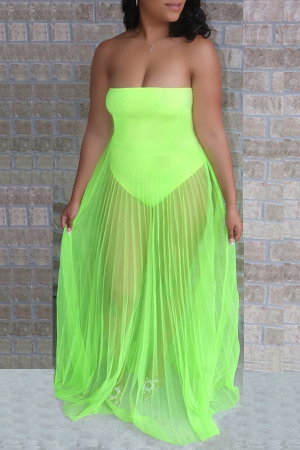 Vestido de falda de pastel sin tirantes de malla sólida sexy verde fluorescente traje de baño