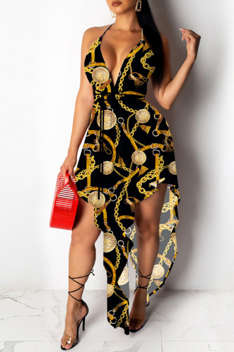 Black Sexy Print Asymmetrical Spaghetti Strap A Line Dresses